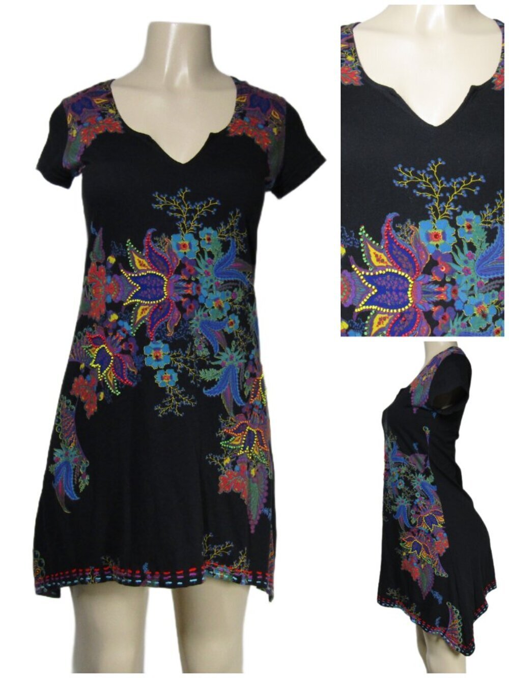 DESIGUAL Floral Boho Festival Art to Wear Bold Abstract Beaded Black Dress S